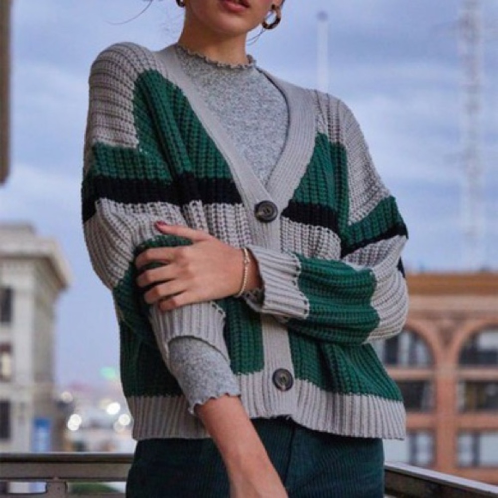 LA HEARTS OVERSIZED STRIPE BUTTON DOWN SWEATER